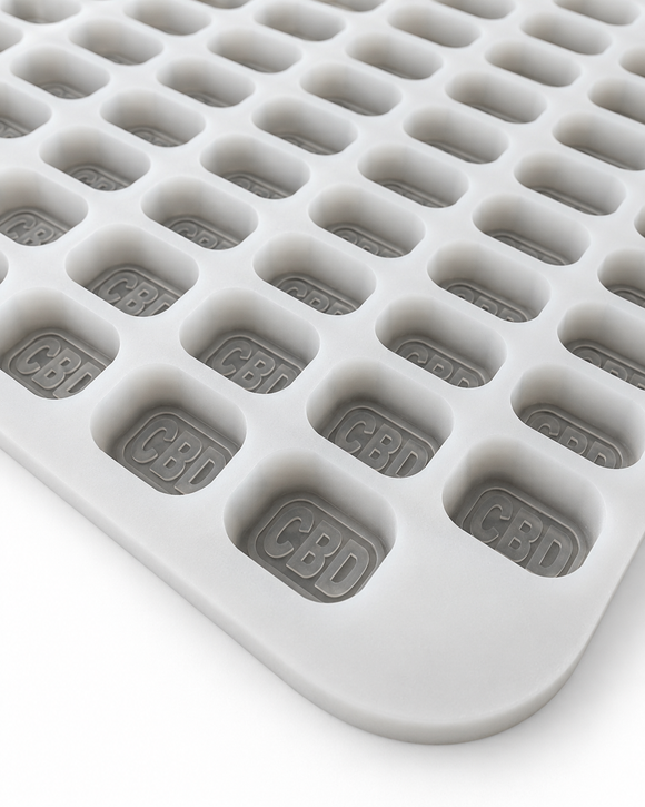 Angled view of 4mL brick gummy mold with 185 CBD imprint cavities