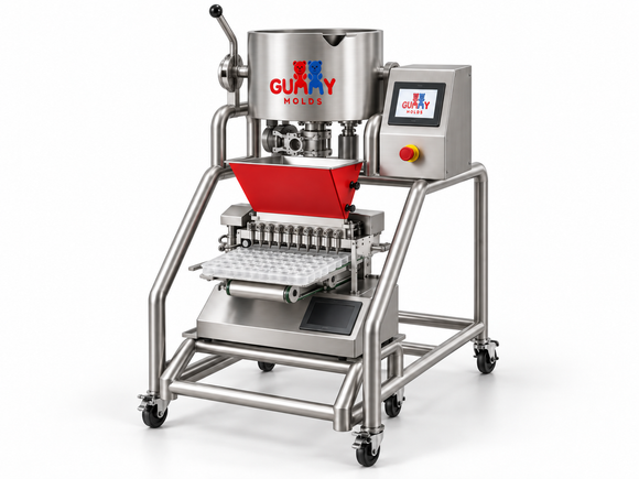 Front-angle view of Gummy Molds automatic 10-nozzle gummy depositor with 25L cooker, red 12L heated hopper and clear silicone gummy mold