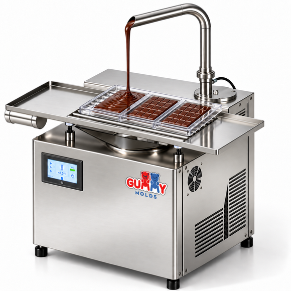 Gummy Molds chocolate tempering machine dispensing tempered chocolate into polycarbonate chocolate bar molds